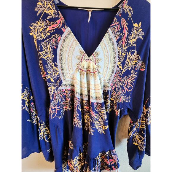 Free People Women's Top Size XS Boho Ruffle Blouse Blue - Picture 6 of 11